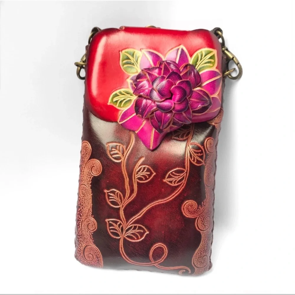 1 LEFT! Handmade Genuine Leather Floral Cellphone Crossbody Bag - Picture 2 of 7